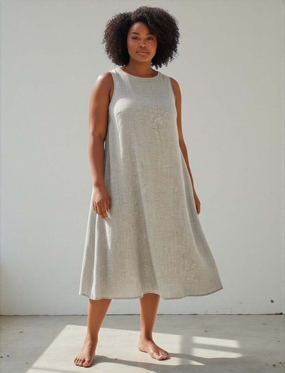 Sleeveless V-Neck A-Line Midi Dress Beige